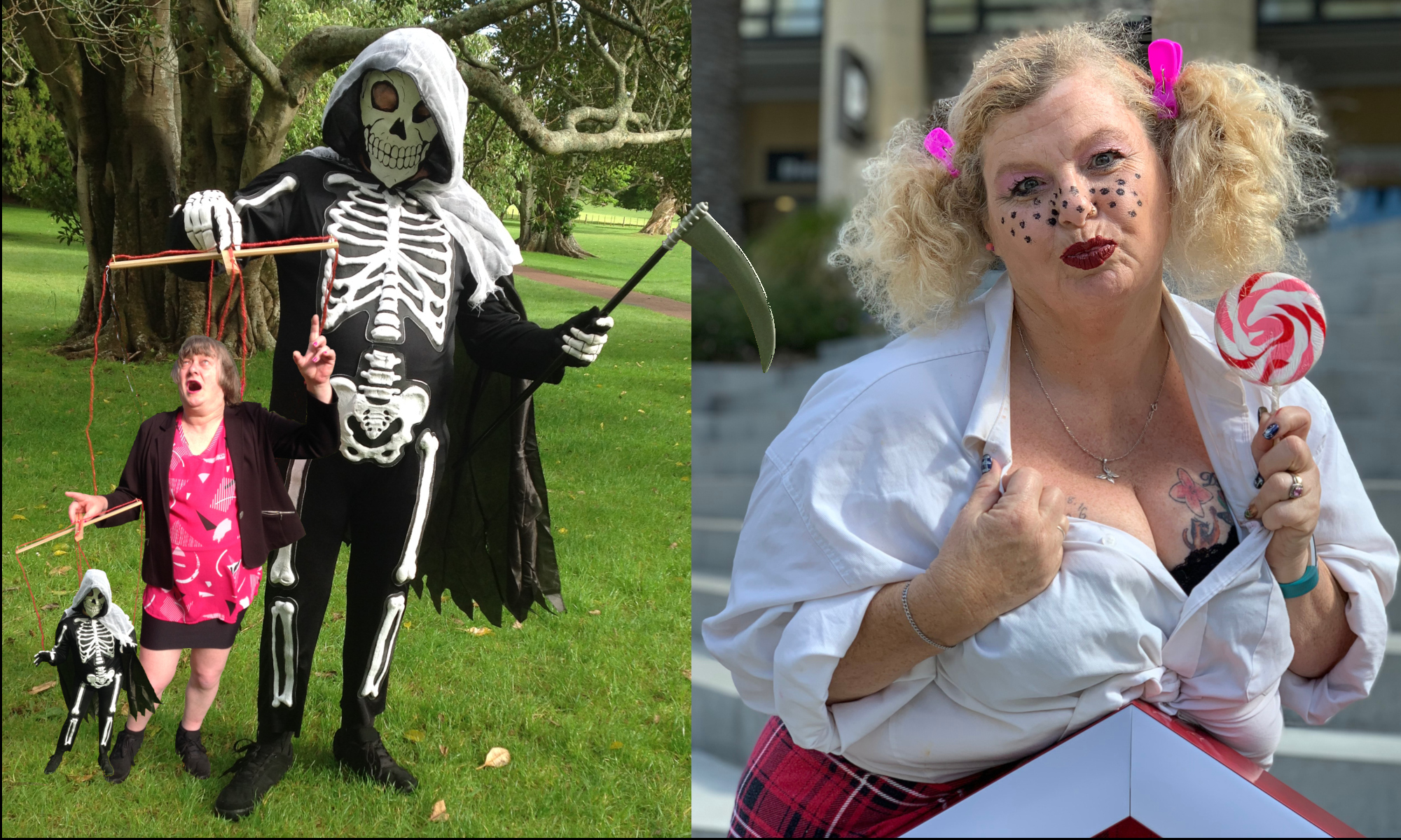 To the left, DEATH the puppeteer controls Julia who is also a puppeteer controlling DEATH. To the right, Tessa, carrying a lollipop, poses in a low cut shirt